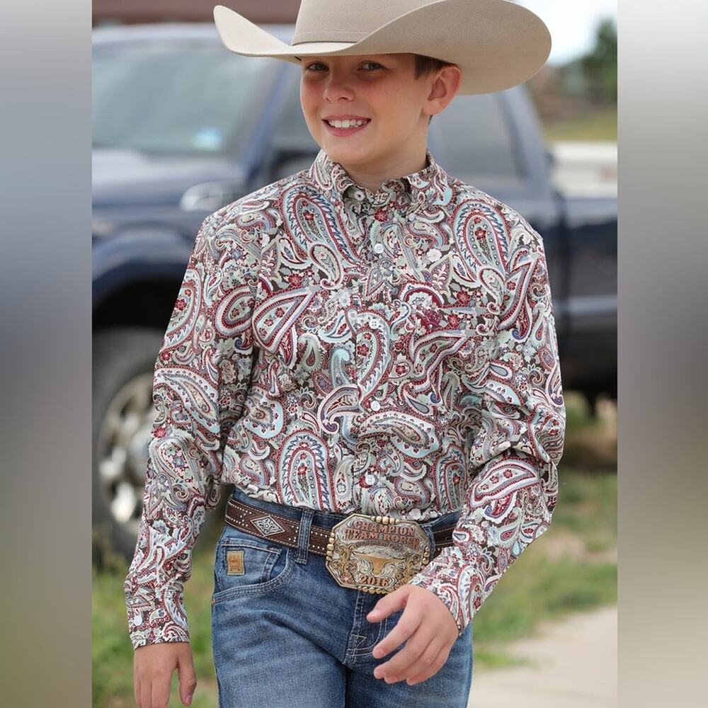 Cinch Boy's Paisley‎ Button Down Long Sleeve Western Shirt Top Size L 12